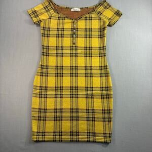 Popular 21 Yellow Black Plaid Bodycon Sweater Dress Women's Medium